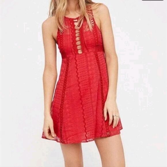 Free People Wherever You Go Red Crochet Mini Dress With Pockets Size 4 - Picture 1 of 8